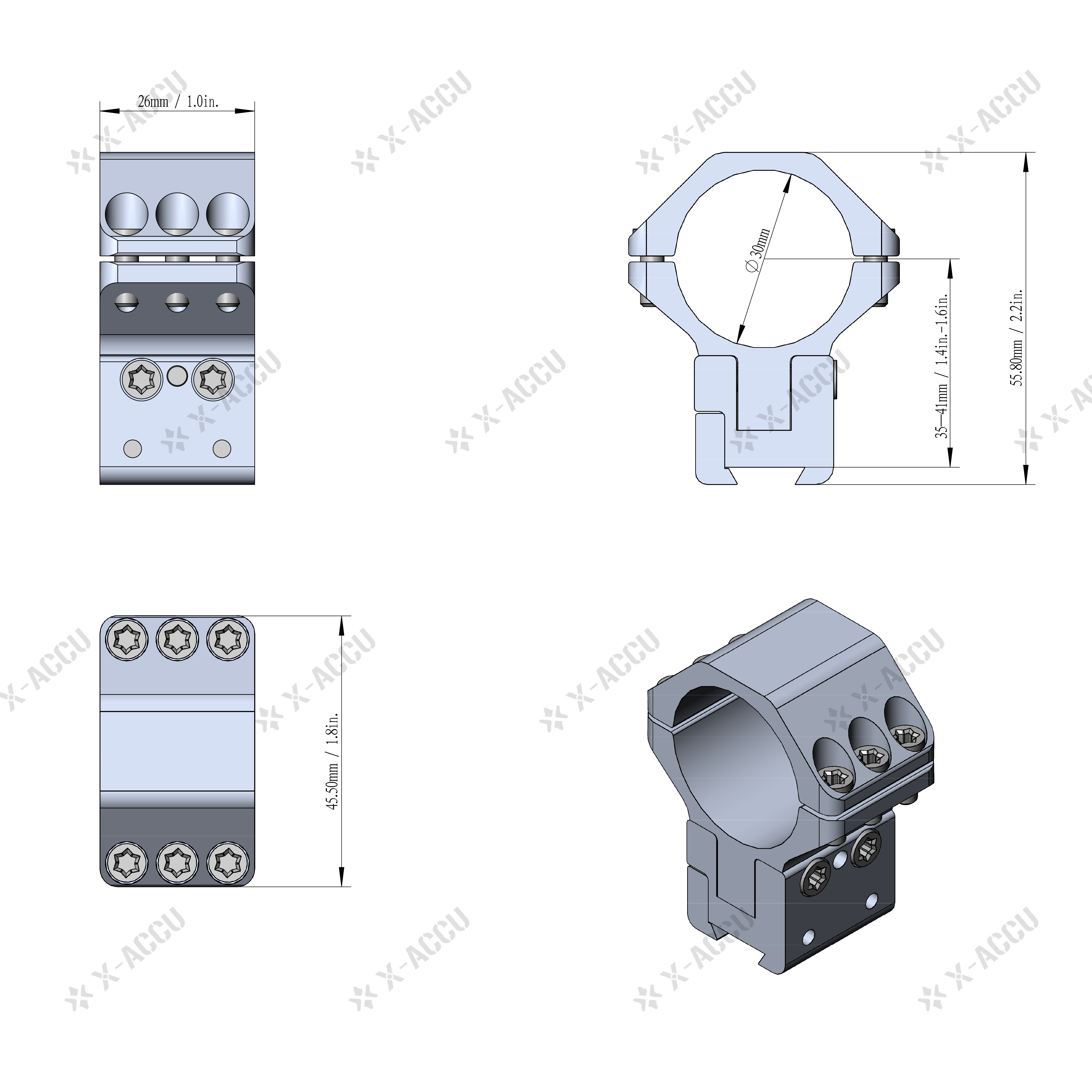 Montážní kroužky puškohledu 30mm X-Accu, stavitelné, dovetail 11mm